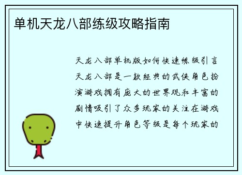 单机天龙八部练级攻略指南
